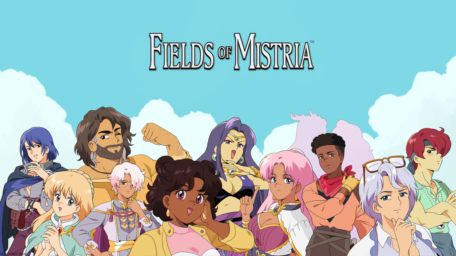 The main cast of Fields of Mistria gathered together in the village