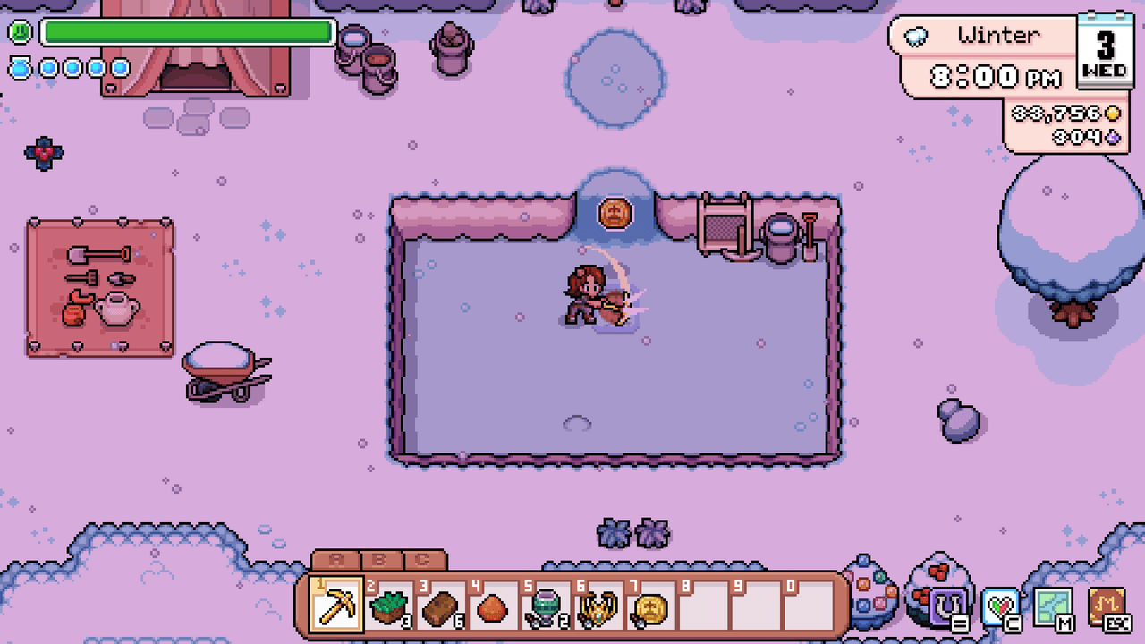 A player excavating an archaeology dig site in Fields of Mistria