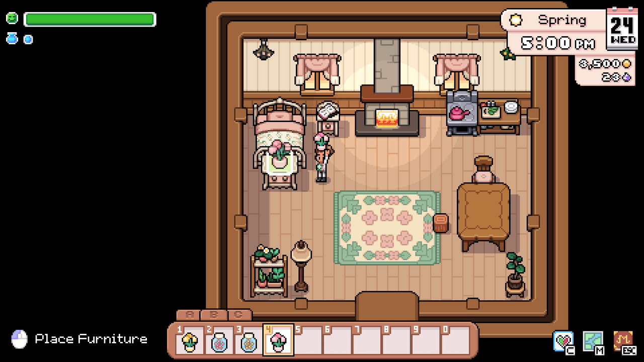 A decorated farmhouse interior in Fields of Mistria showing placed furniture and gifts