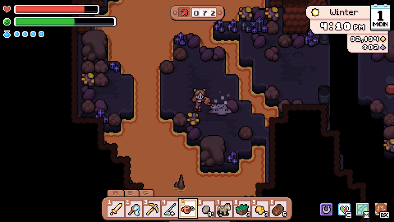 The deep lava caves in the Fields of Mistria mines, lit by molten rock